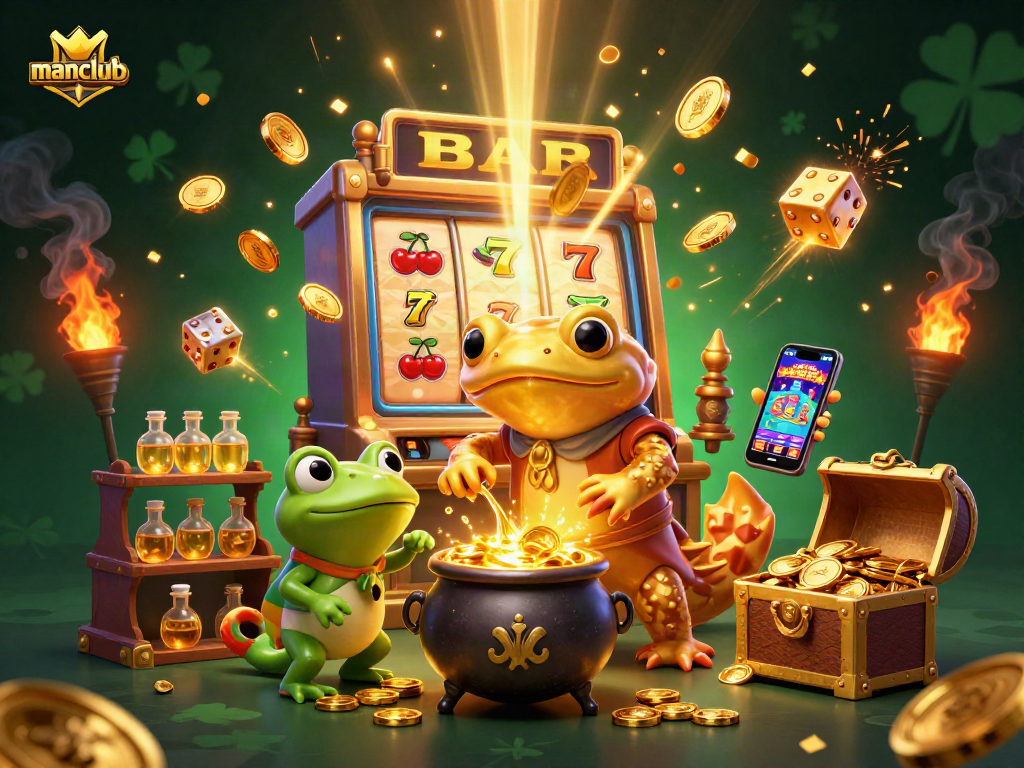 manclub highlights a magic scene with golden alchemist and explosive jackpot winnings around.