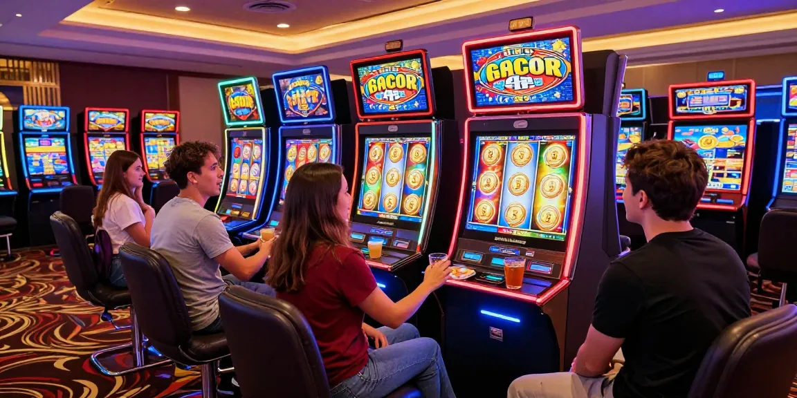 Friends enjoying a thrilling moment at a slot gacor 4d machine in a vibrant casino, showcasing excitement and fun.
