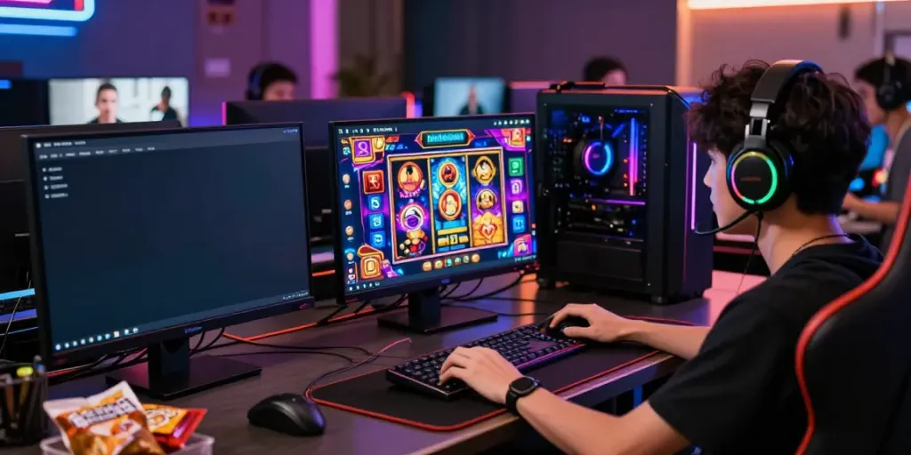 Player enjoying Singatoto online gaming experience with vibrant graphics and gaming accessories.