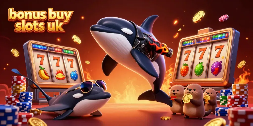Engage with exciting bonus buy slots uk visuals featuring a jumping orca whale, cool stingray, and otters surrounded by vibrant gaming elements.