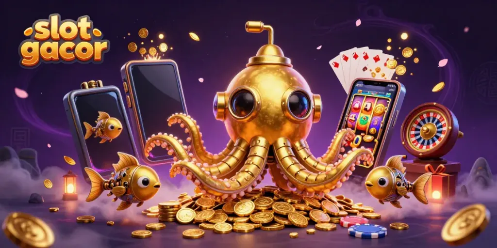 Experience thrilling slot gacor adventures with a golden kraken submarine amidst a sea of coins.