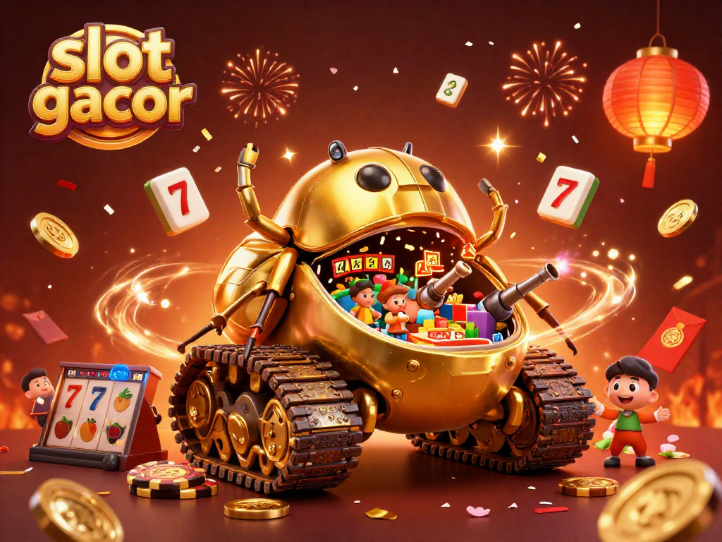 Spin and win at slot gacor, featuring vibrant casino elements and a golden beetle tank.
