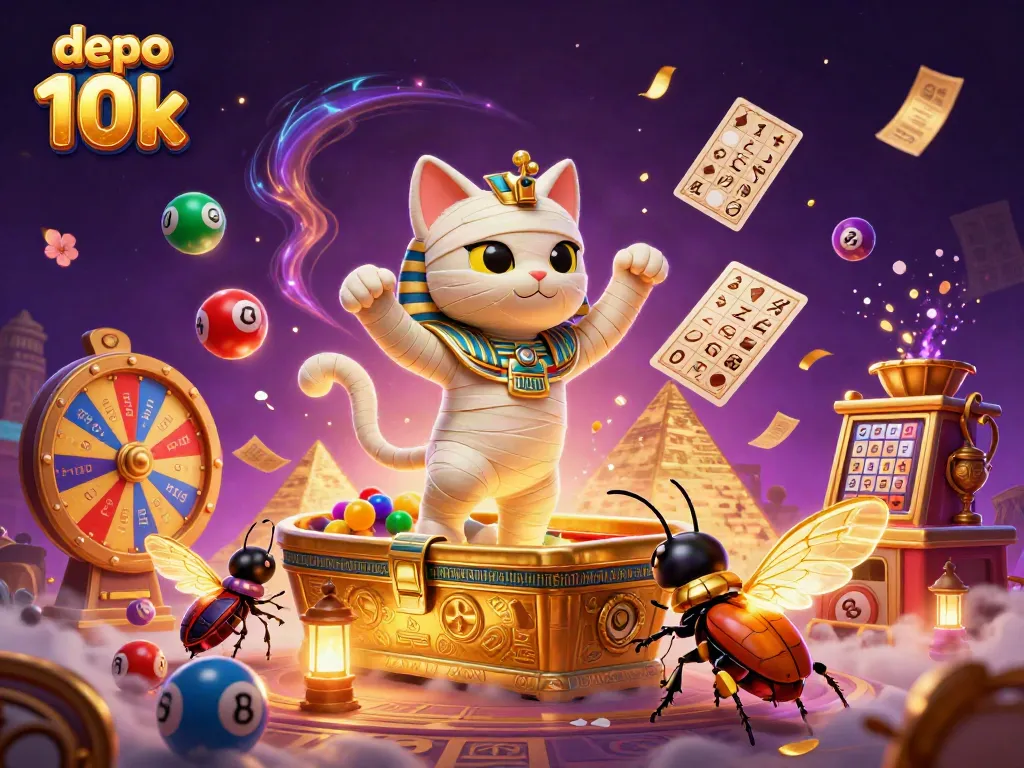 Engage with depo 10k through a vibrant 3D casino scene featuring an Egyptian mummy cat and exciting gaming elements.
