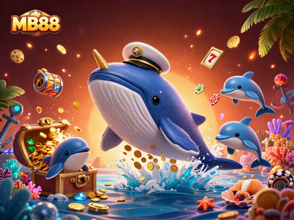 Engage with MB88's underwater treasure adventure featuring a whale and playful dolphins in a casino-themed scene.