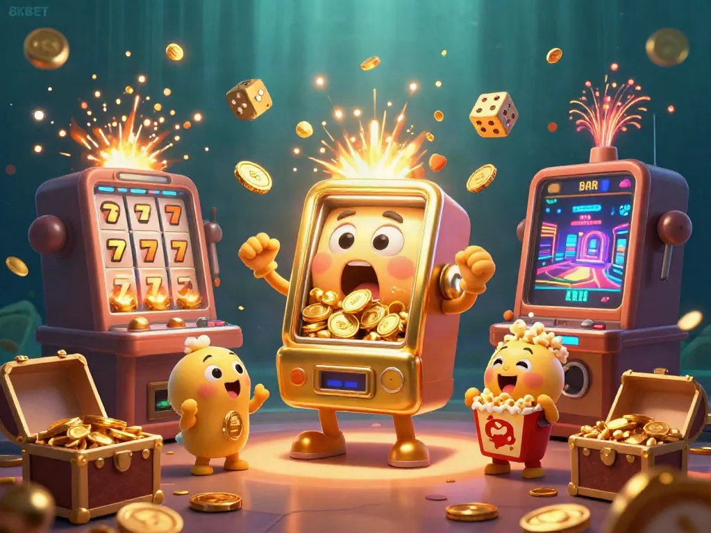 Experience the excitement of 8KBET with a vibrant 3D scene of a golden slot machine hitting a jackpot, surrounded by cheering characters and dynamic casino elements.