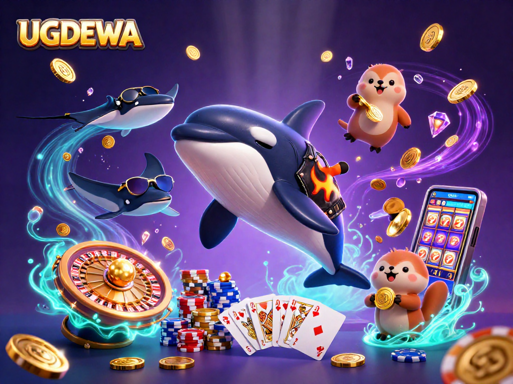 Engage with UGDEWA through a vibrant casino-themed underwater adventure featuring dynamic characters and lively elements.