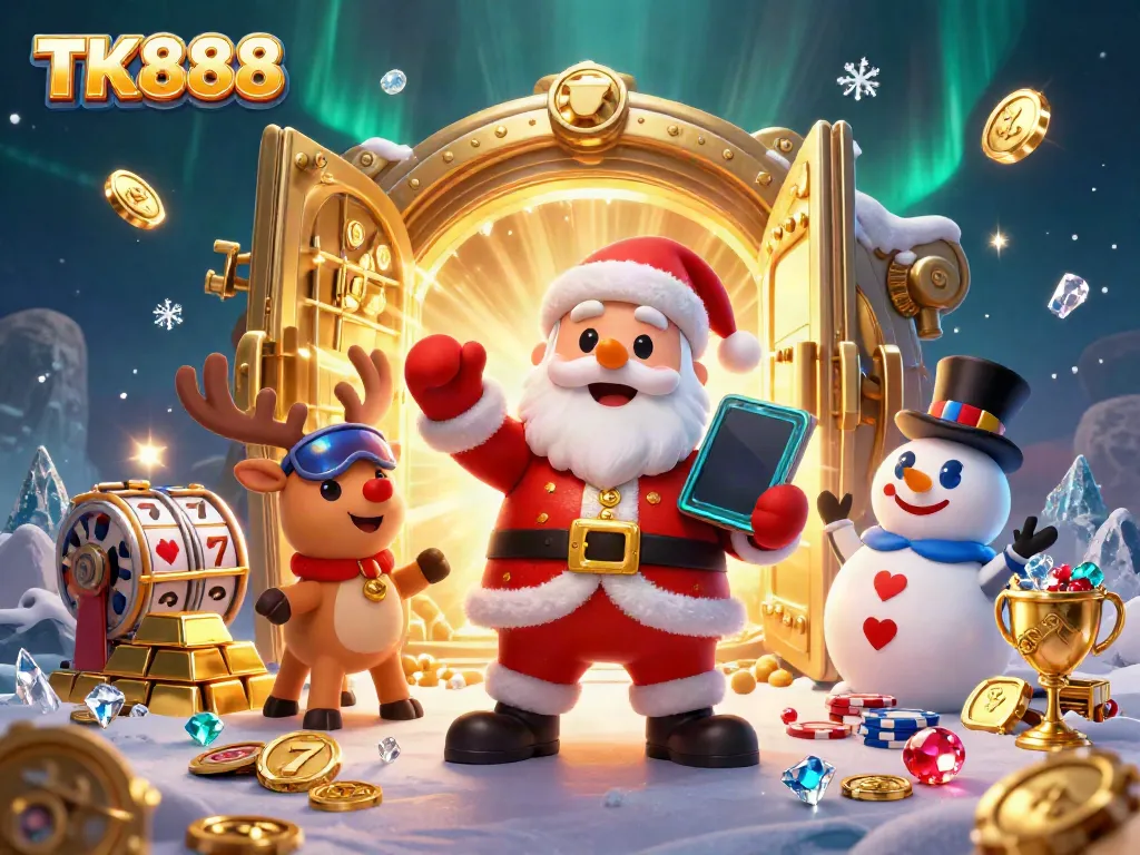Experience the vibrant world of TK888, where Santa and friends embrace jackpot slots in a lavish casino scene.