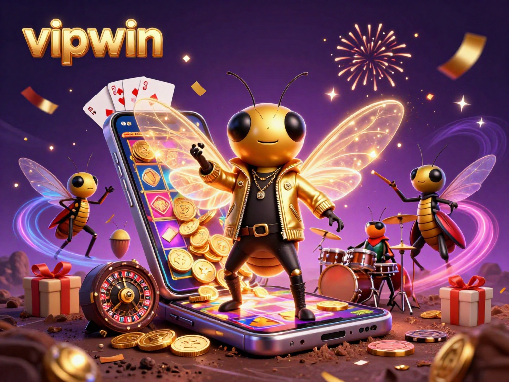 Experience thrilling slots at vipwin with a cartoon cicada rock star and magical casino elements.
