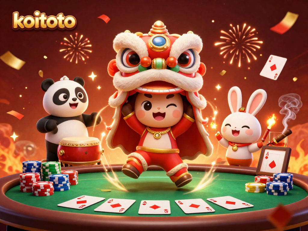 Menghadirkan suasana meriah koitoto, dengan karakter yang menari di antara elemen permainan poker.