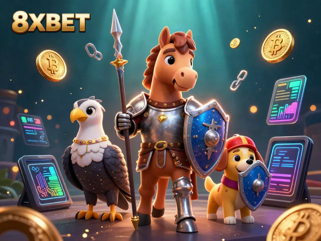 Bet big with 8XBET: a medieval knight and squire in a vibrant casino realm.