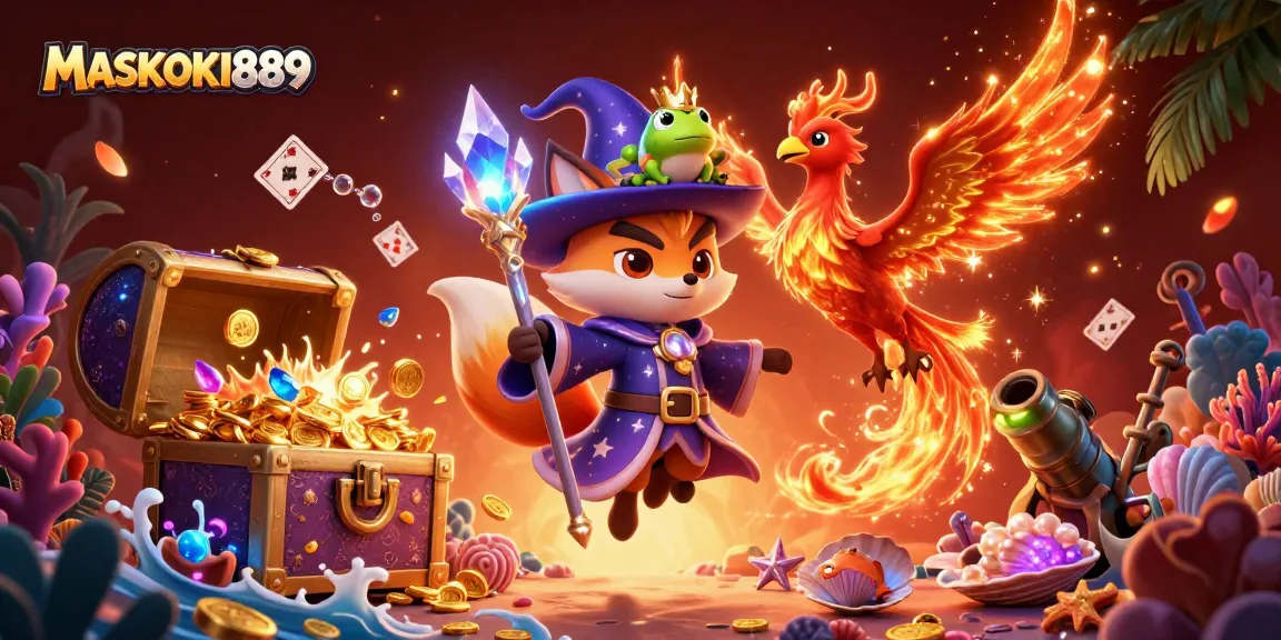 Experience the magic with MASKOKI889 in this vibrant 3D casino scene filled with treasures and enchanting characters.