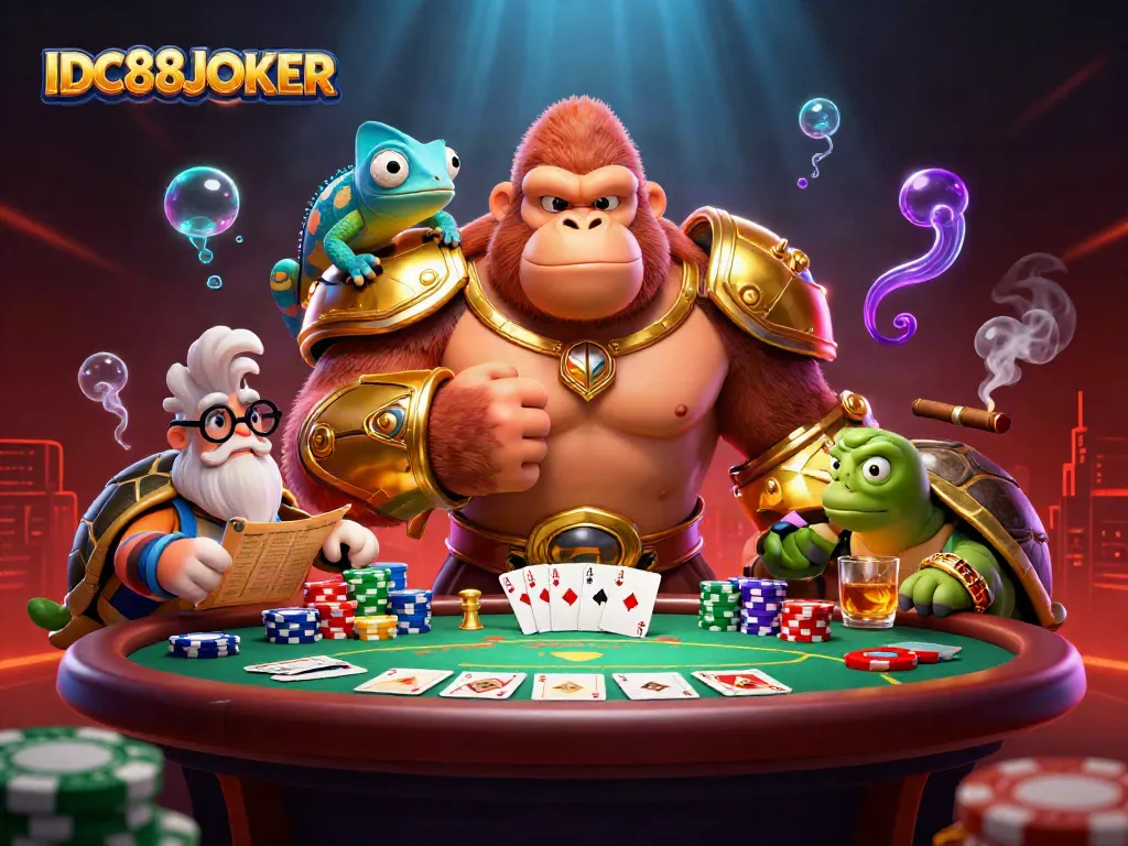 Join the excitement with IDC88JOKER's vibrant poker scene featuring a gorilla king and chameleon spy!
