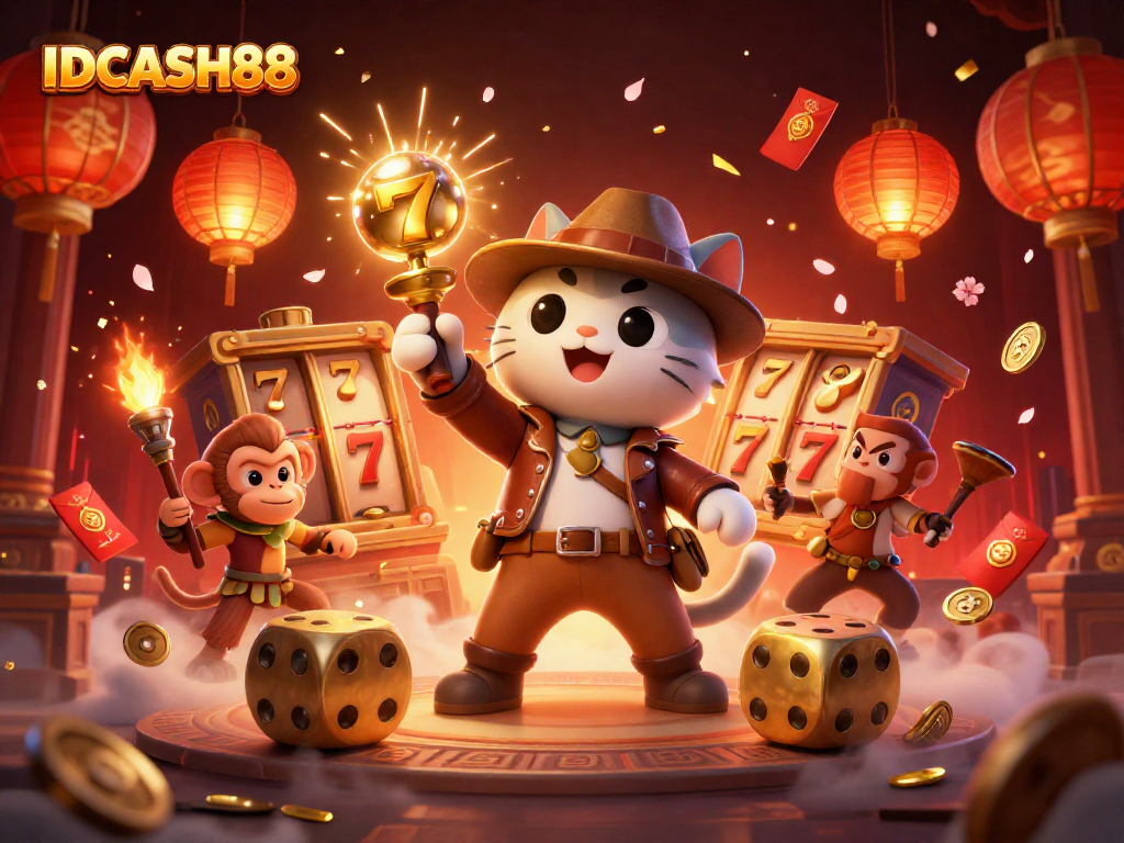 Win big with IDCASH88 in an ultra-detailed 3D illustration showcasing vibrant casino elements and anime-style characters.