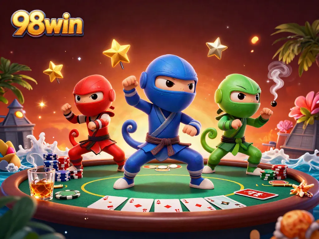 Experience vibrant action with 98win's ninja chameleon team showcasing a poker showdown.