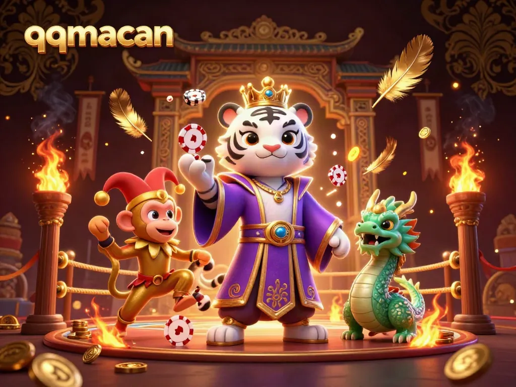 Engage in thrilling gameplay with qqmacan, as a majestic white tiger, a jester monkey, and a jade dragon illuminate the casino arena.