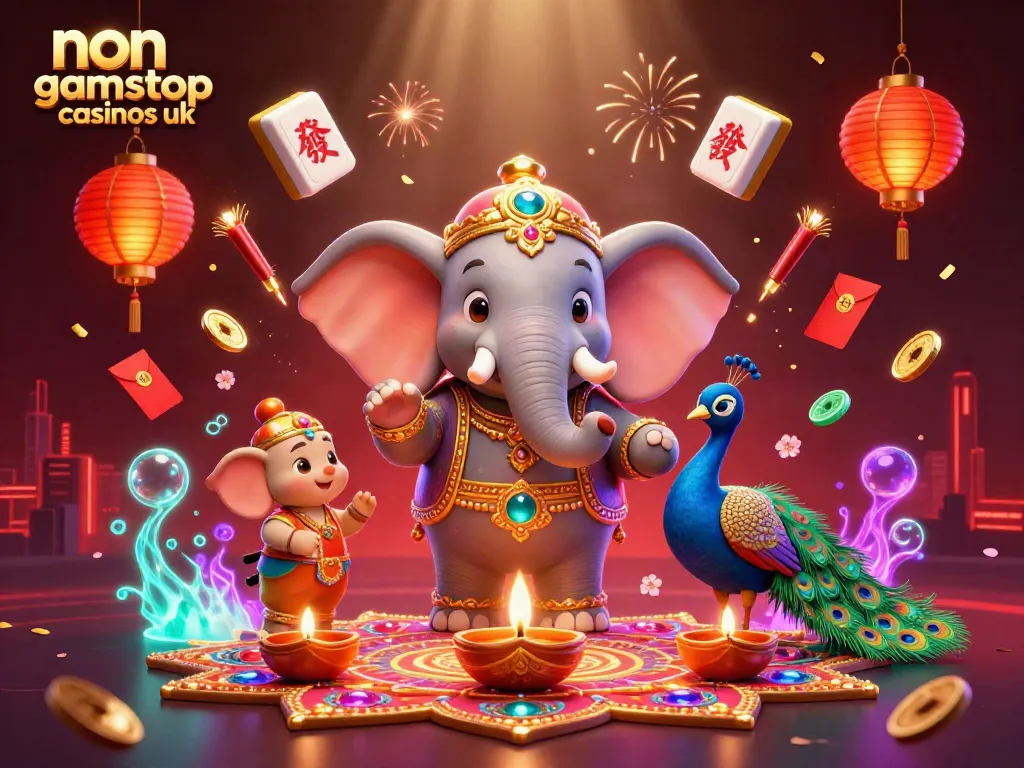 Experience thrilling gameplay at non gamstop casinos uk with vibrant 3D casino art featuring elephants and peacocks.