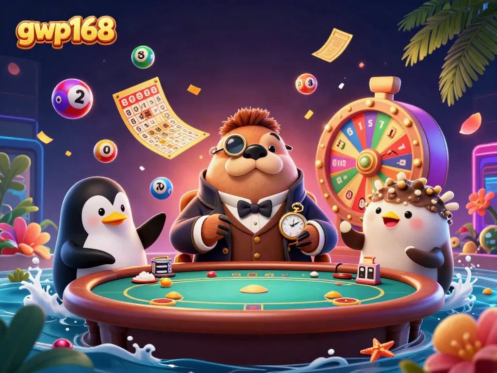GWP168 menampilkan walrus kartun yang cerdas di meja poker bawah laut dengan elemen permainan yang menarik.