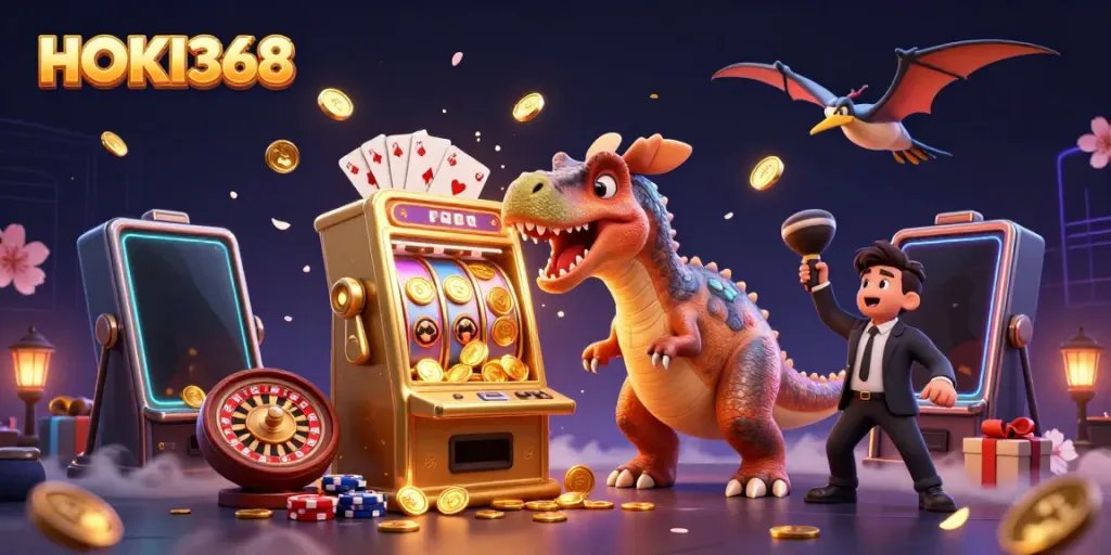 Experience HOKI368's thrilling jackpot action as dinosaurs and slot machines clash in a vibrant casino scene.
