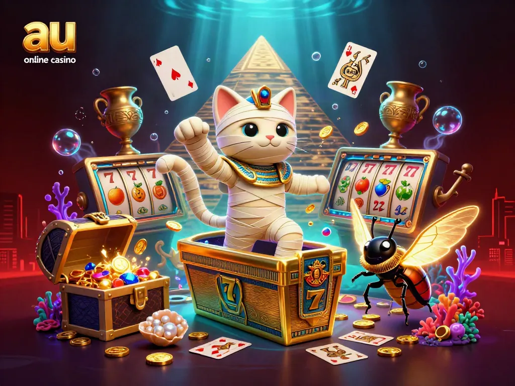 Experience thrilling action at an au online casino with the Egyptian mummy cat and golden treasures.