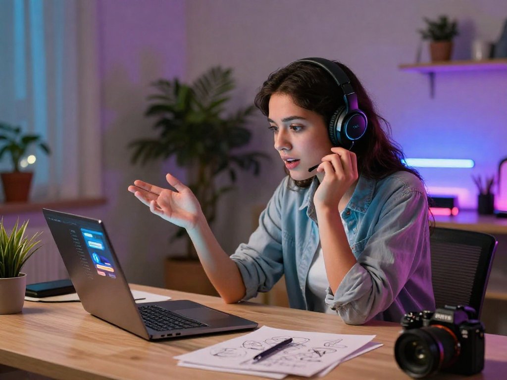 Engaging in ai porn chat with a modern AI interface in a cozy workspace.