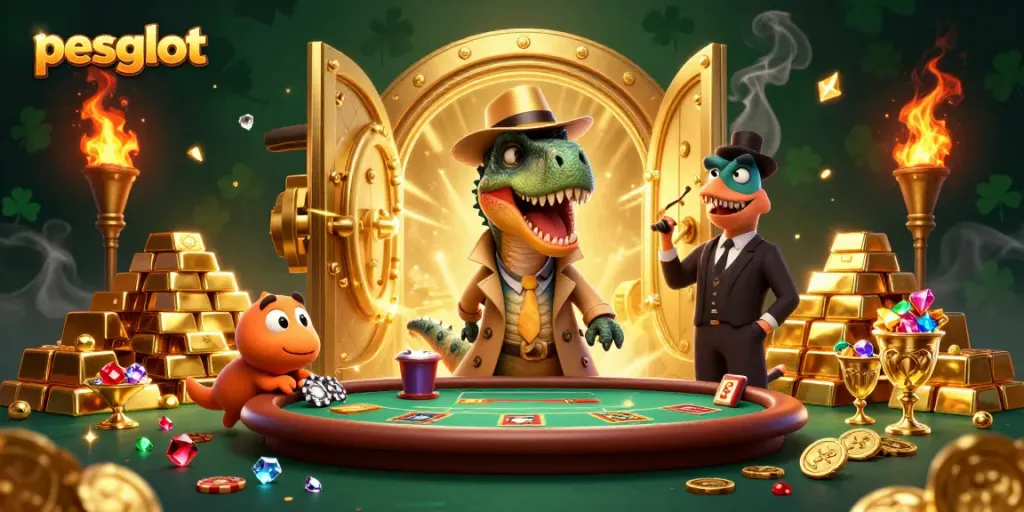 Experience thrilling gameplay with pesgslot as a velociraptor card counter amidst golden jackpots.