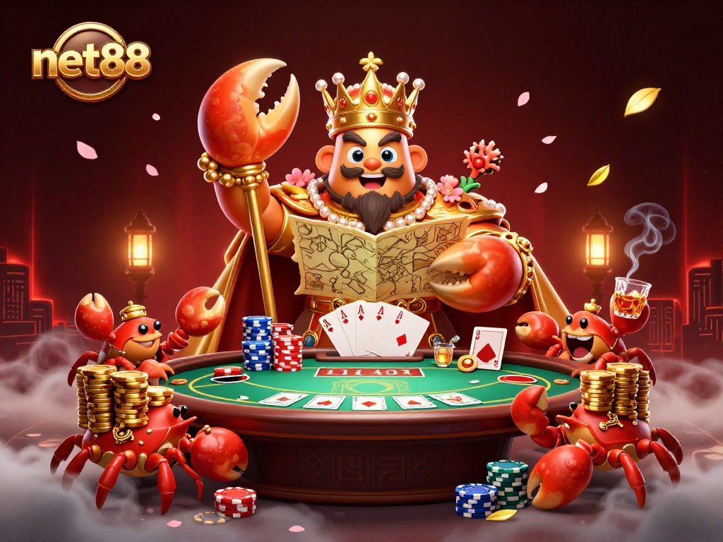 Experience the royal net88 casino realm with a golden crab emperor and poker excitement.