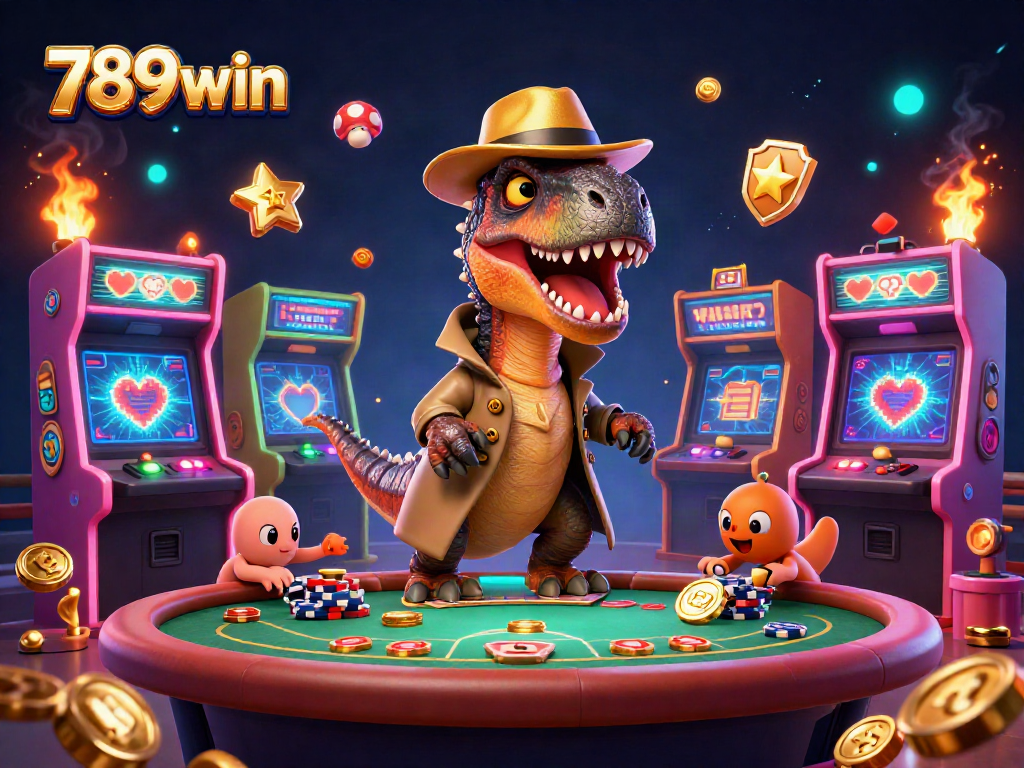 Join the action with 789win in this vibrant 3D casino scene featuring a velociraptor card counter.