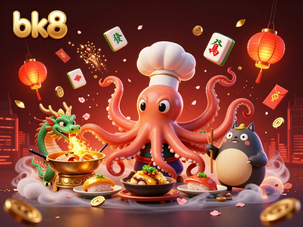 Experience thrilling betting action with bk8 in a vibrant 3D illustration showcasing a sushi chef octopus and dragon.