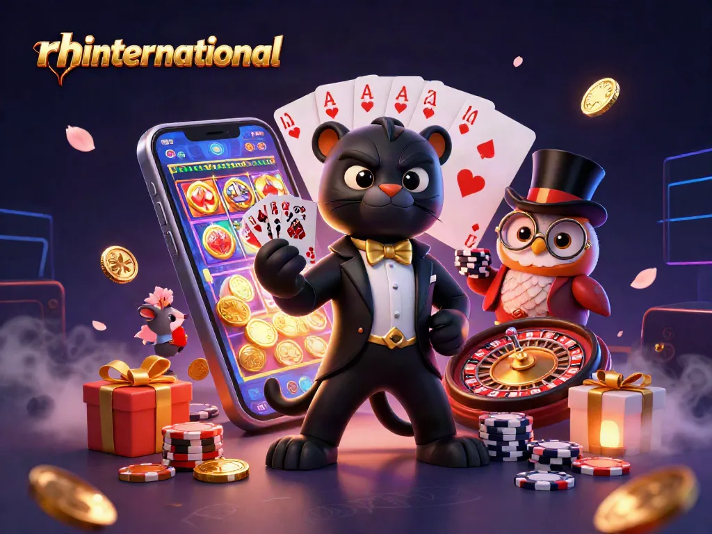 Rhinternational menampilkan panther elegan bermain kartu di kasino, dikelilingi chip poker dan permainan slot.