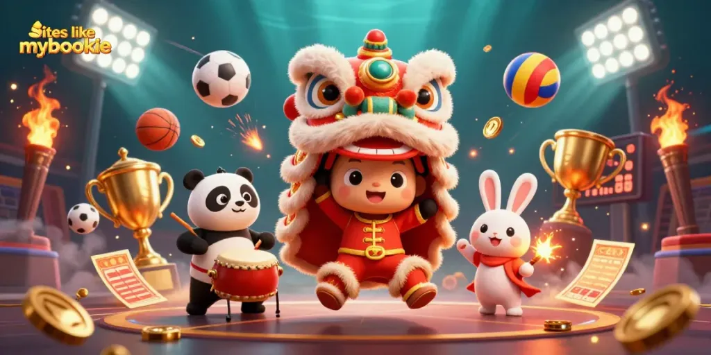 Jump into action with sites like mybookie, showcased in a vibrant casino scene filled with sports elements and festive characters.