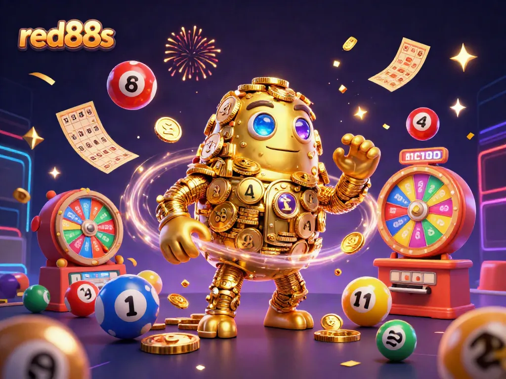 Experience thrilling games with red88s featuring a golden golem and colorful lottery elements.
