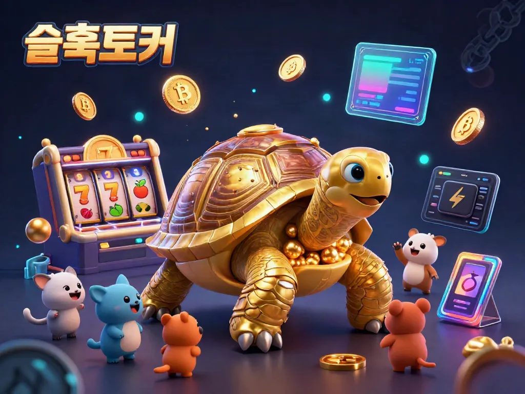 슬롯토커에 대한 정보와 게임 체험을 소개하는 생생한 3D 일러스트.