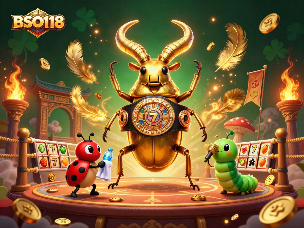 Engage with BSO118 in a vibrant casino battle scene featuring a giant stag beetle.
