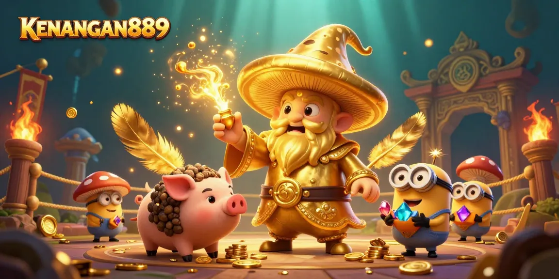 Experience magical gold transformations with KENANGAN889 in this vibrant casino scene featuring enchanting characters.
