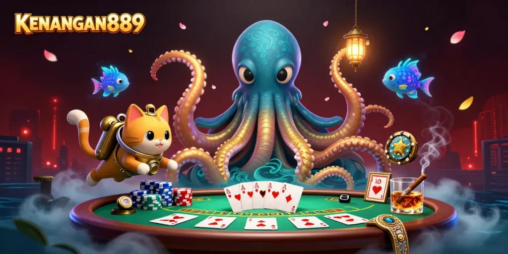Engage with KENANGAN889 through a vibrant casino scene showcasing poker elements and whimsical characters.