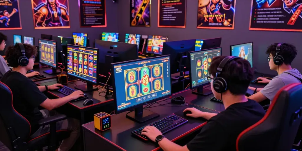 Exciting gaming scene showcasing Bro138 players engaging with slot games, vibrant visuals, and colorful environment.