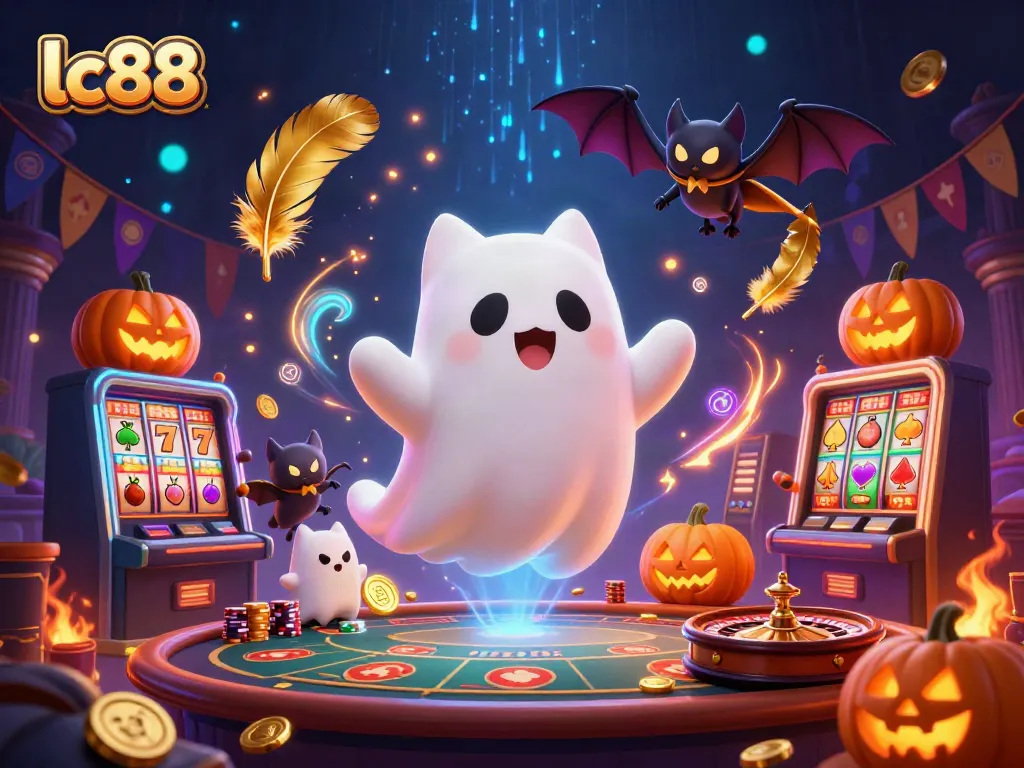 Engage with lc88's exciting gambling scene featuring a ghost cat and vampire bat amidst slot machines.