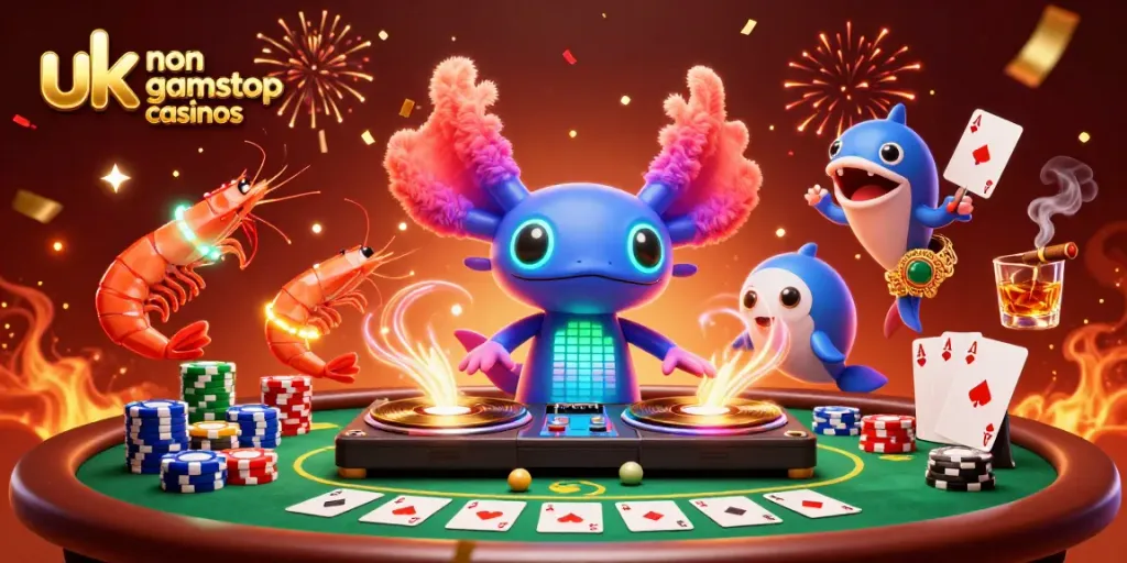 Engaging scene of uk non gamstop casinos highlighting a vibrant casino atmosphere with lively characters