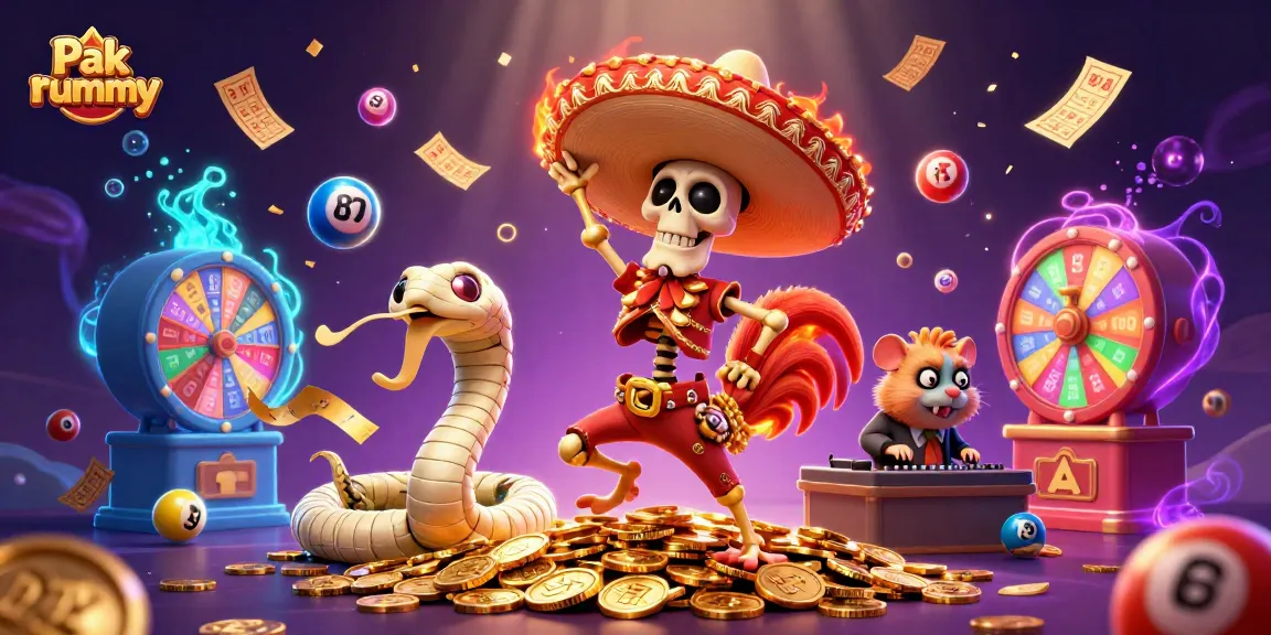 Engage in Pak rummy with vibrant characters dancing among golden coins and colorful game elements.