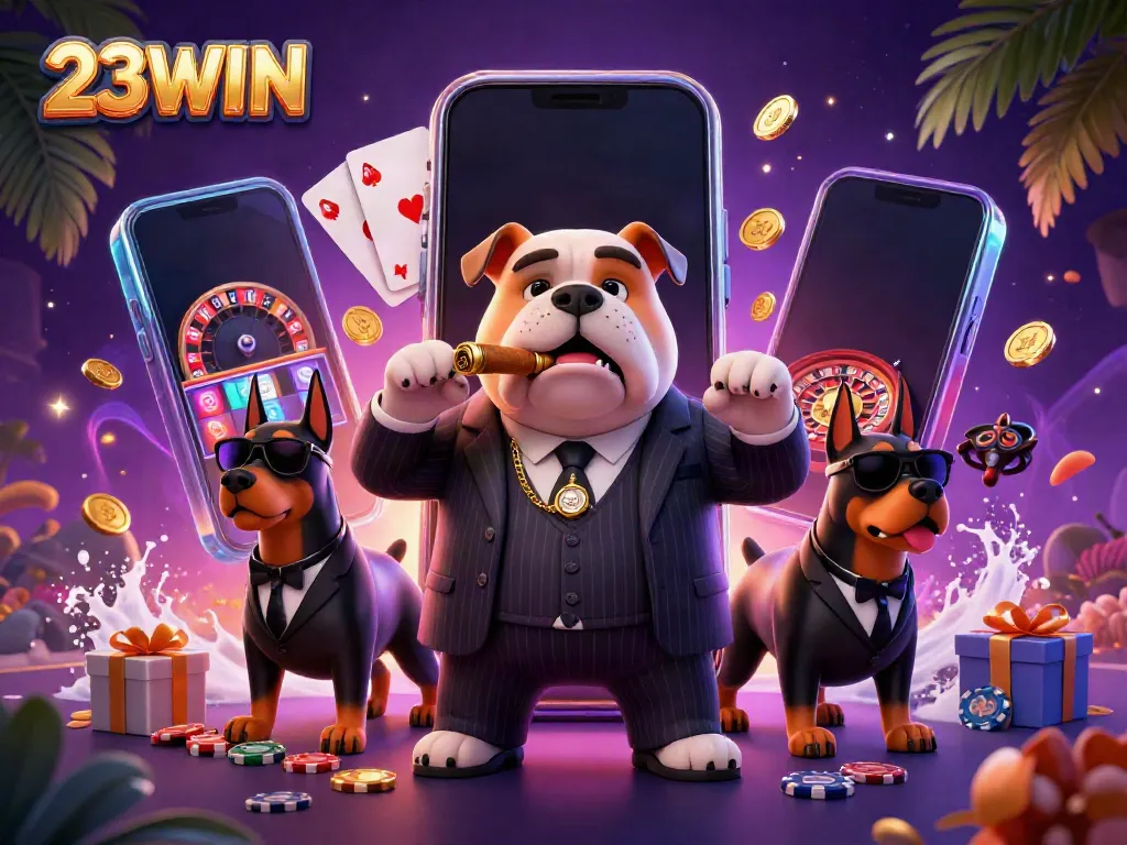Experience thrilling play with 23WIN, featuring a mafia boss and guard dogs amidst slot games and casino elements.