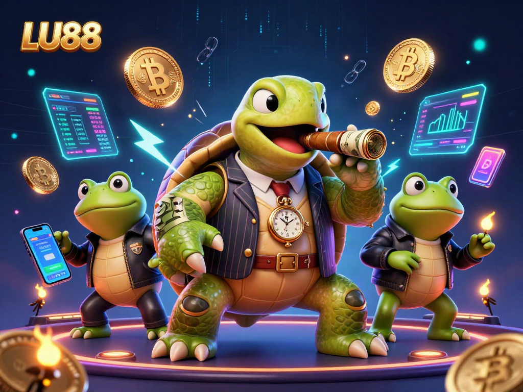 LU88's lively casino atmosphere captured with a snapping turtle and bullfrog enforcers in a vibrant 3D illustration.