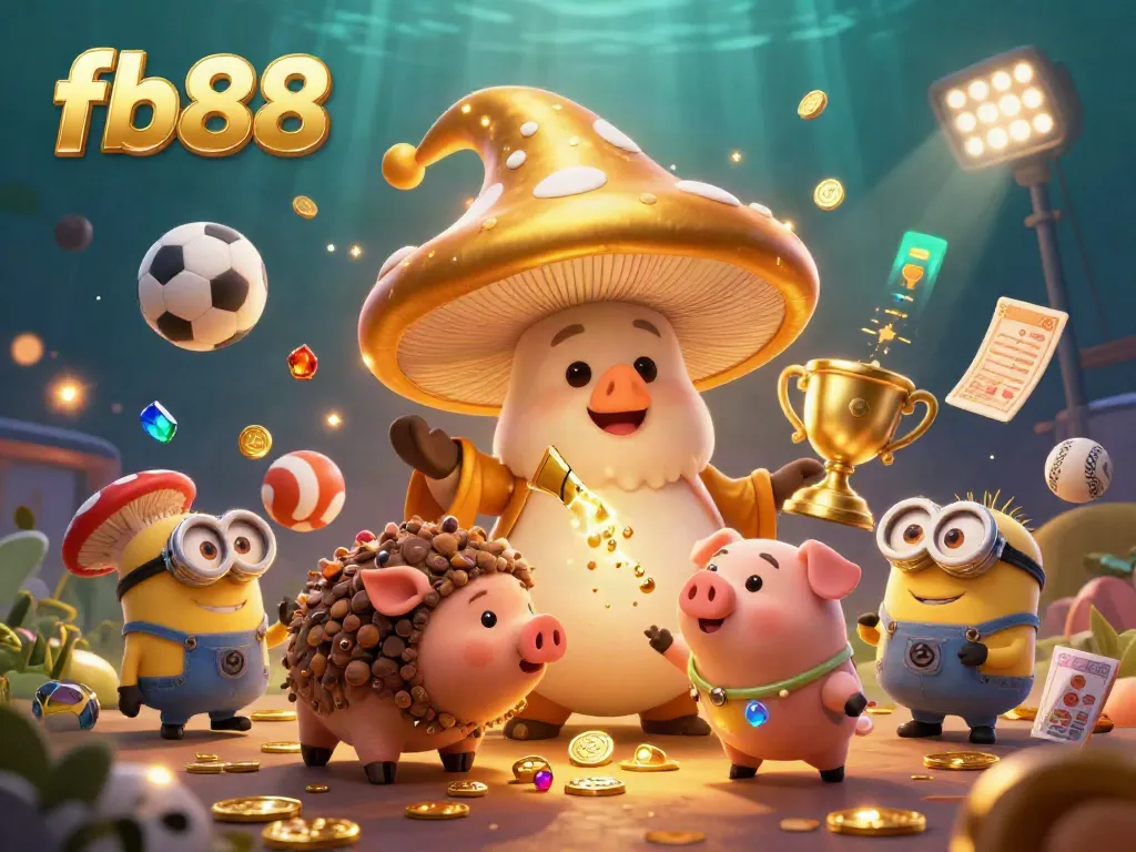 Experience the exciting world of fb88 with a magical golden mushroom wizard and sports elements in a vibrant 3D illustration.