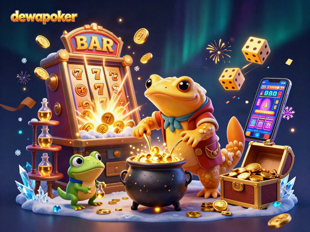 Experience dewapoker's enchanting gameplay with a vibrant scene of alchemists and casino elements.