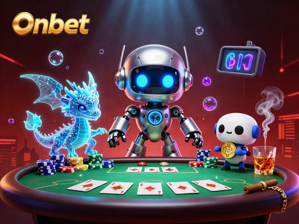 Experience thrilling gaming with Onbet's vibrant casino environment filled with poker tables and animated characters.