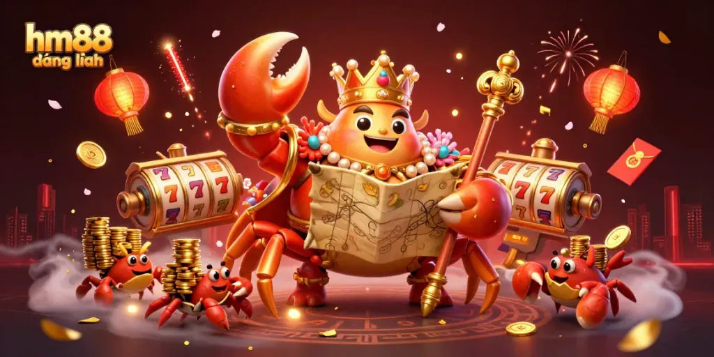 Engaging scene featuring hm88 đăng nhập with a golden crab emperor, vibrant gaming elements, and lottery symbols.