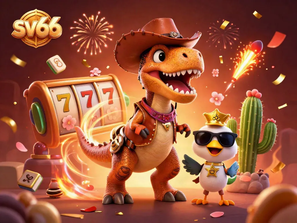 Win big at sv66 with vibrant slots and casino games, featuring a dinosaur in a dynamic gaming scene.