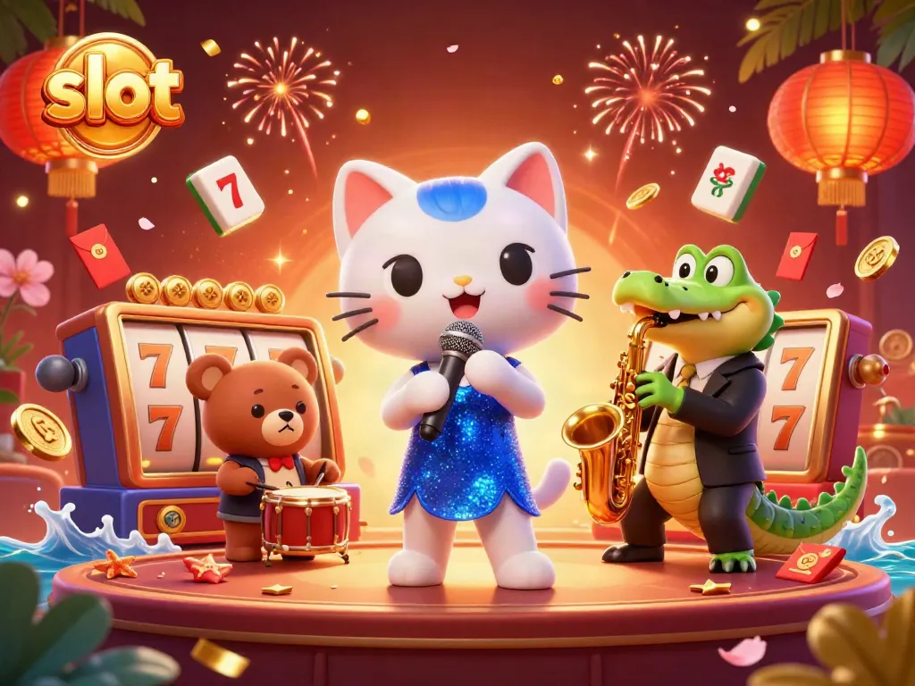 Experience the thrill of slot action with animated characters in a lively casino stage scene.