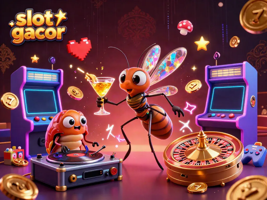 Engage with slot gacor games featuring a unique 3D casino mascot amidst vibrant gaming elements.