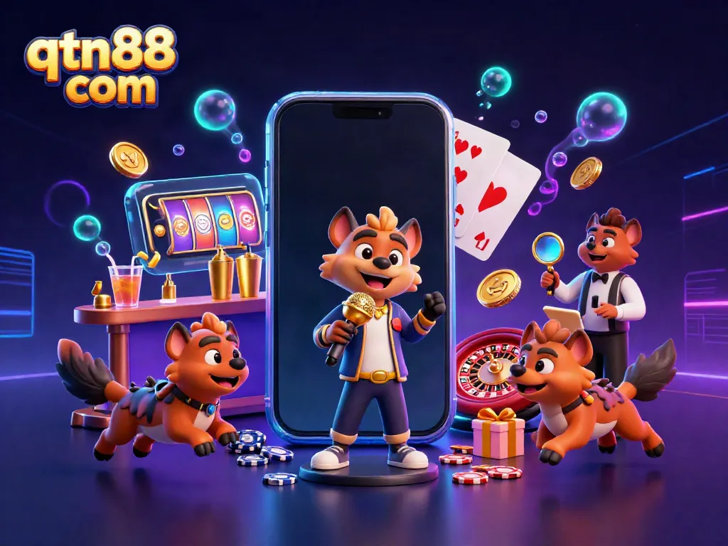 Experience playful interactions in a lively casino scene featuring the dynamic characters of "qtn88 com."