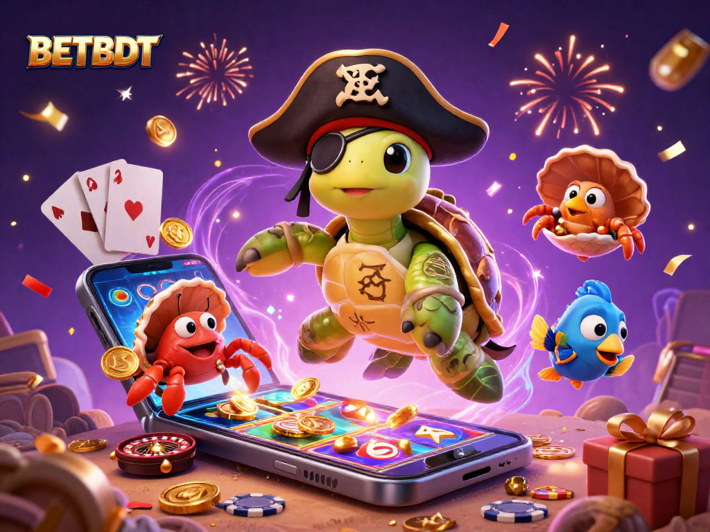 BetBDT showcases a vibrant 3D scene with a turtle and crab among dynamic casino elements, celebrating wins.